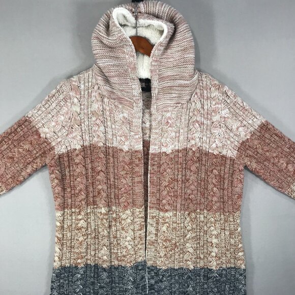 Lety & Me Cardigan Women's Large Brown Colorblock Sweater Knit Hooded Open Front - Picture 11 of 15